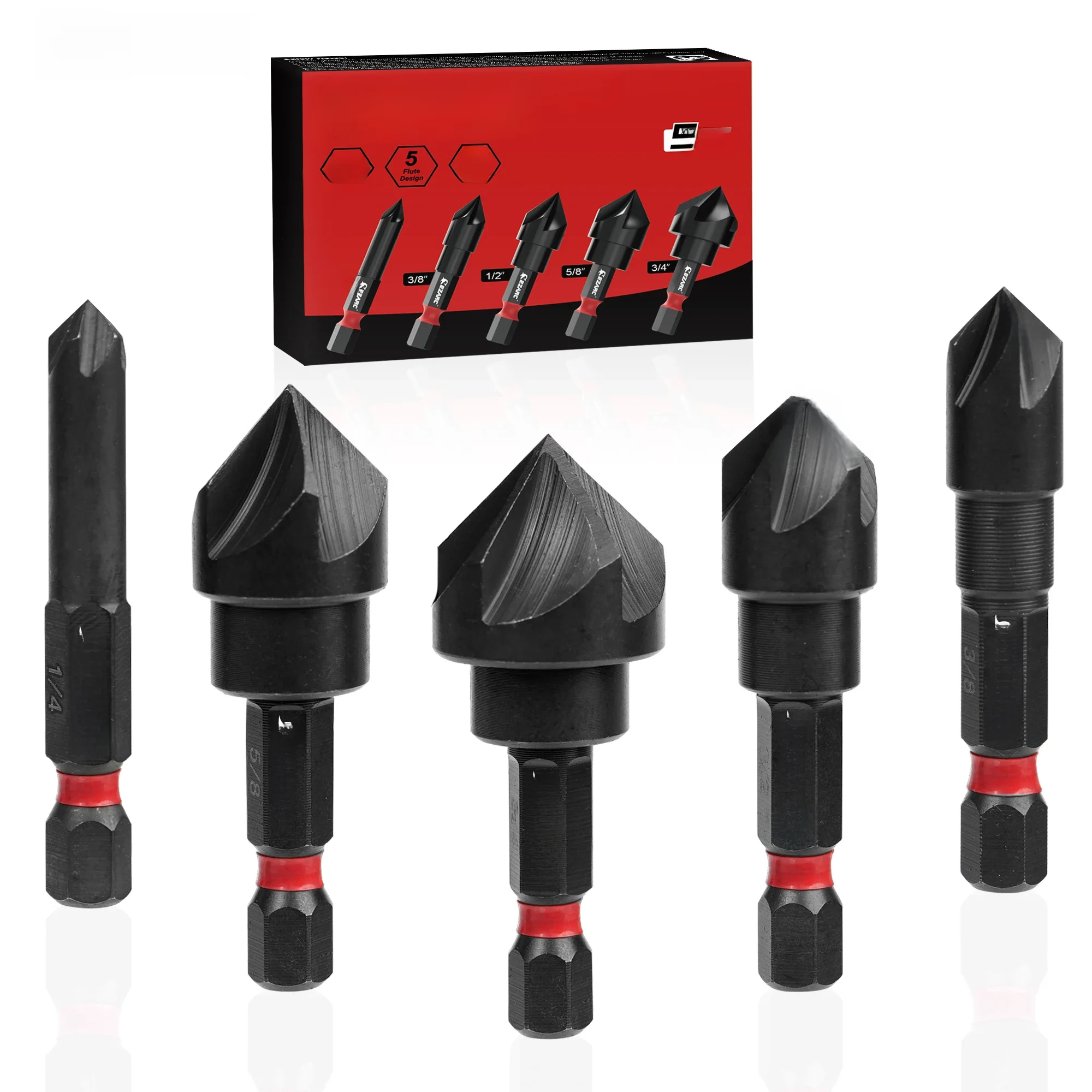 EZARC 5-delige verzinkboorset voor metaal, 1/4 inch zeskantschacht verzonken bits 82 graden 5 fluit, 1/4” 3/8” 1/2” 5/8” 3/4” - afbeelding 2