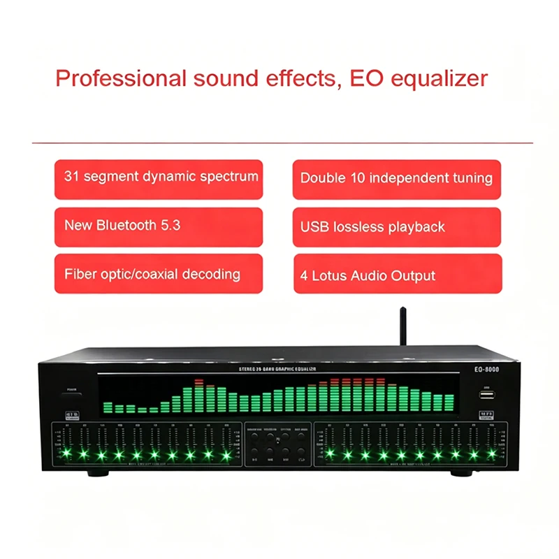 EQ8000 20-Band Graphic Equalizer Bluetooth 5.3 Fiber Coaxial Digital Audio Decoder Preamp Player AC220V