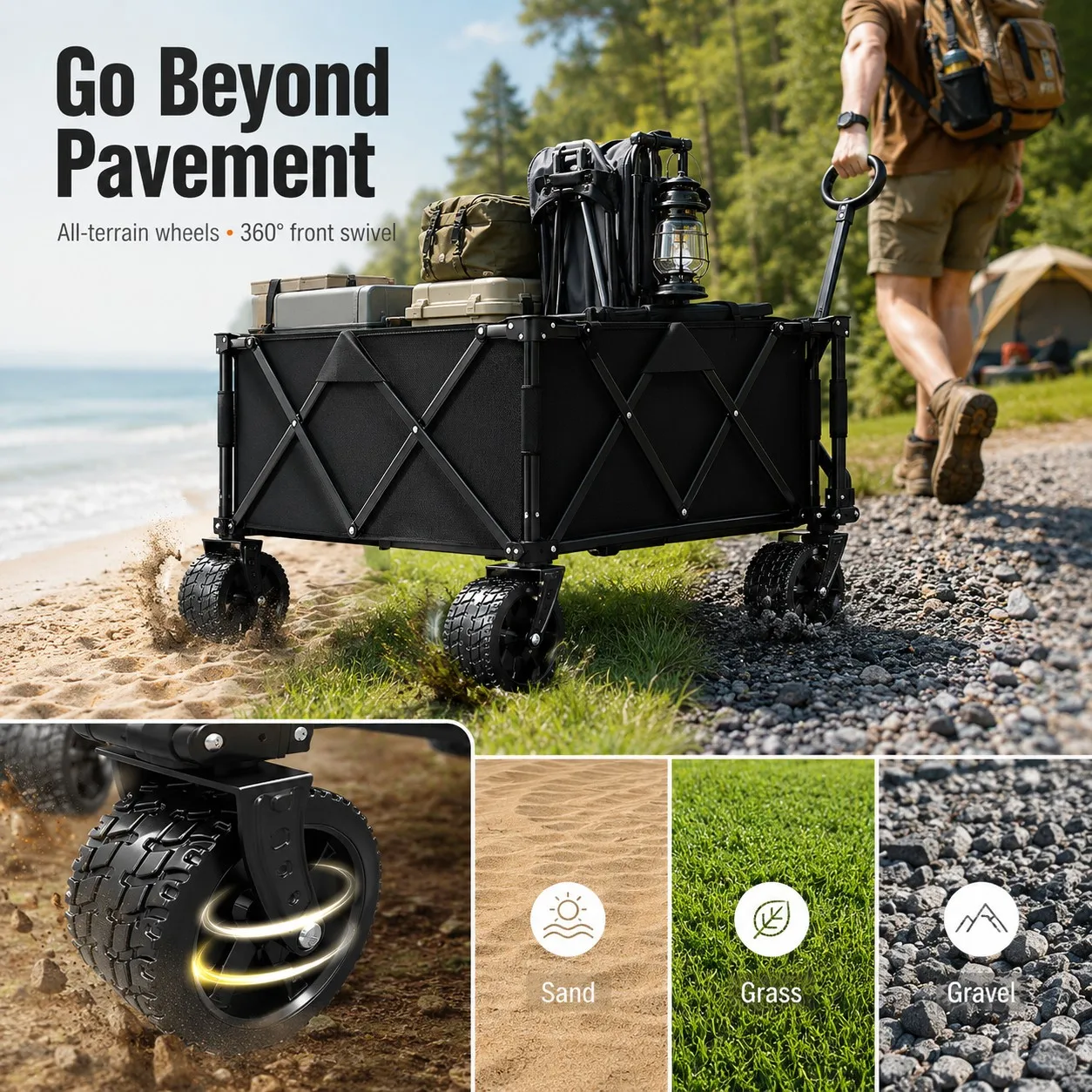 Tolife Collapsible Folding Camping Wagon Cart, 420 LBS Max Static Load Heavy‑Duty Pull Wagon, One‑Step Compact Gathering‑Fold Design, Reinforced Metal Frame All‑Terrain Big Wheels with 4‑Wheel Brake, Utility Wagon for Camping Beach Garden Grocery