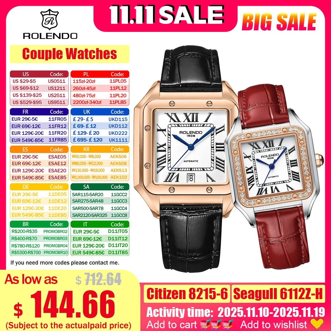 

ROLENDO Luxury Couple Watches Mechanical Automatic Roman Numerals Waterproof Sapphire Crystal Glass Men Women Wristwatch Gift