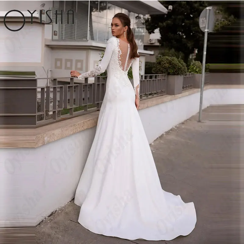 OYISHA Sereia Colher Vestidos De Casamento Elegante Full Sleeves Satin Lace Vestidos De Noiva Para Mulher Appliques Simples Vestido De MariagesOYISHA Sereia Scoop Vestidos de Noiva Elegante Mangas Completas Cetim Lace