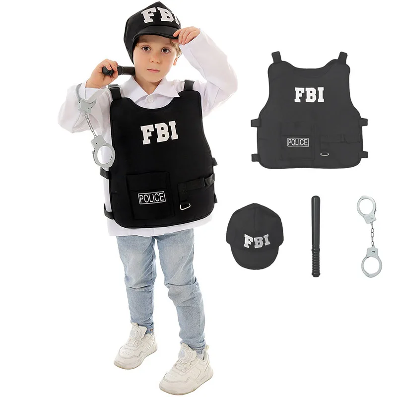 Kid's F.B.I Cop Costume Kit Black Pretend Set Uniform Outfit Boys Federal Agent Halloween Dress Up Police FBI Costume For Kids