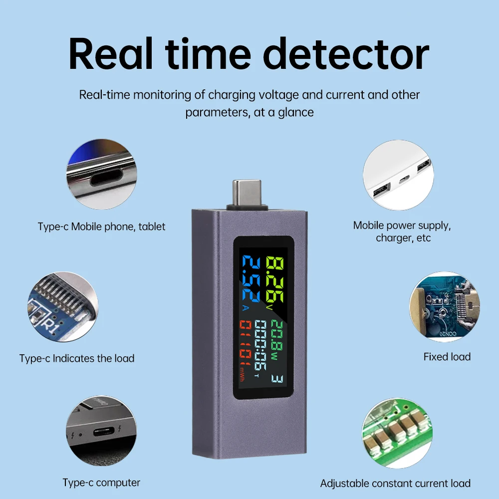 Type-C Tester DC4.5~50V 0-8A Voltmeter Amperimetro Current Voltage Meter Volt Ammeter Detector Power Bank Charger Indicator 