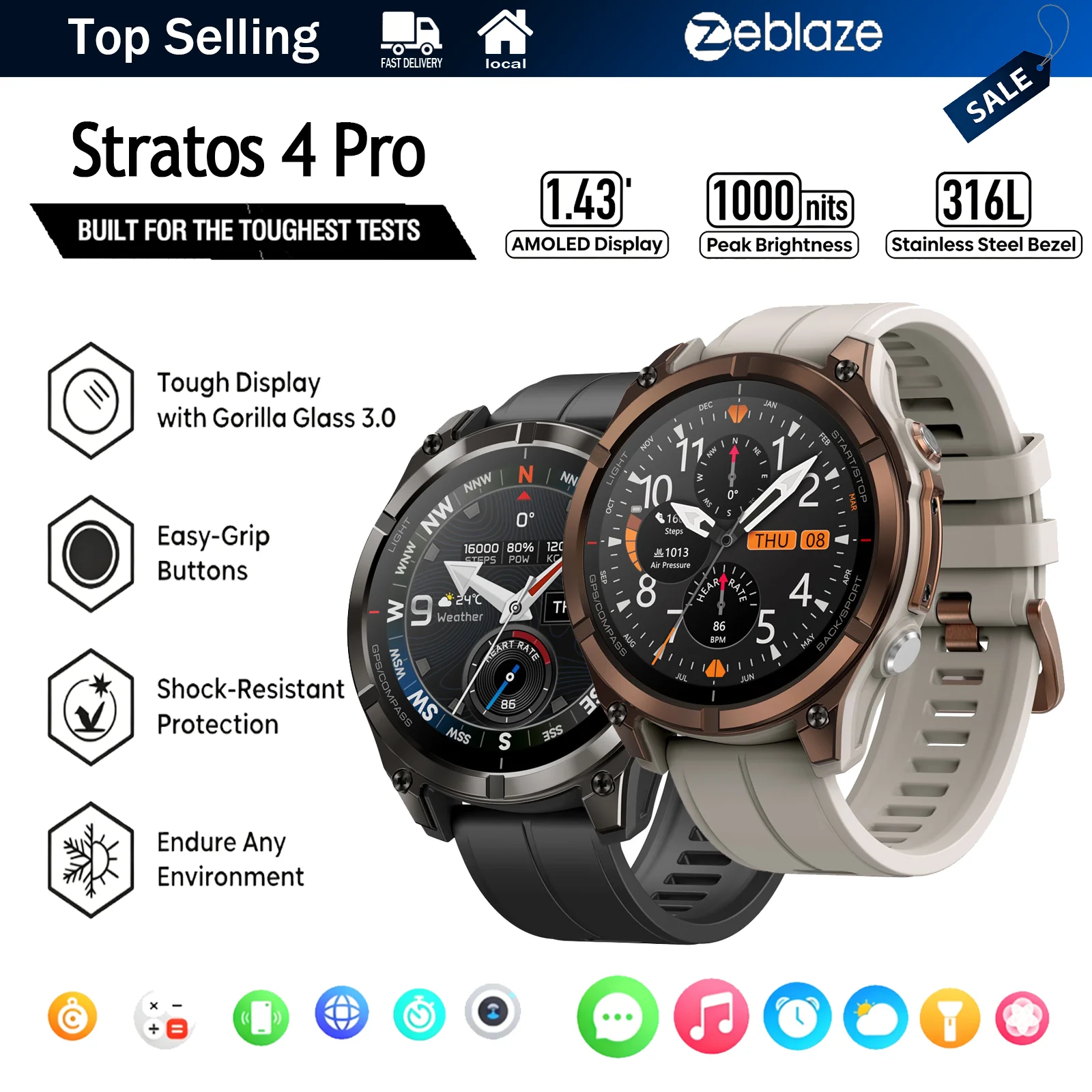 Montre connectée GPS robuste pour l'extérieur Zeblaze Stratos 4 Pro, écran AMOLED de 1,43 pouces, étanche 5 ATM, GPS double bande, batterie de 60 jours, plus de 170 modes sportifs, appels Bluetooth, montre de fitness pour hommes et femmes