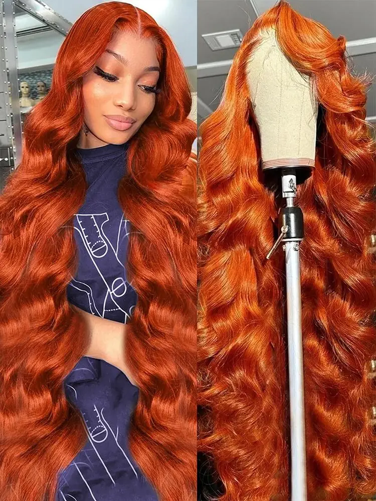 34 بوصة الزنجبيل 13x4 HD الدانتيل الشفاف الجبهة الباروكات شعر الإنسان برتقالي اللون الجسم موجة الدانتيل شعر مستعار أمامي #6