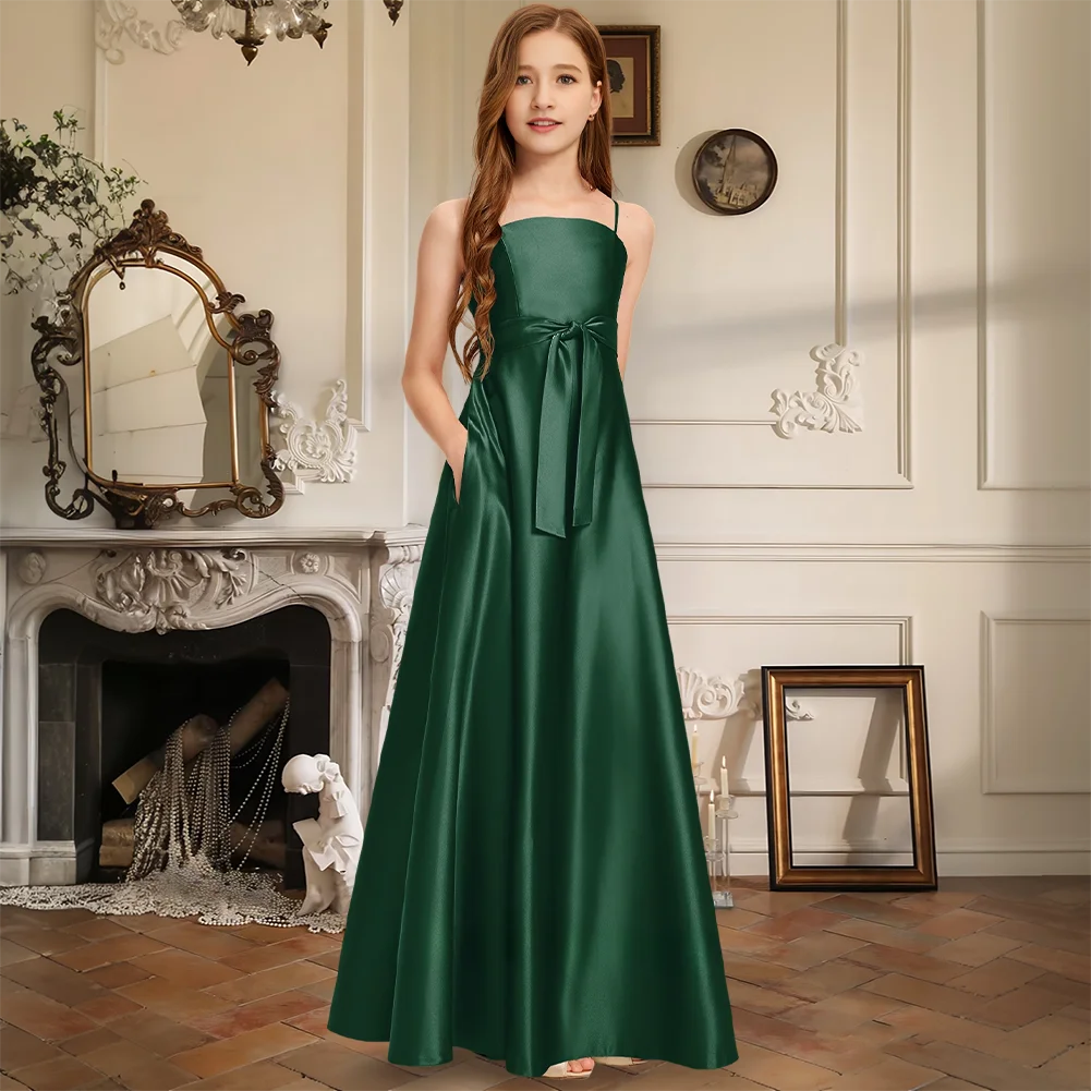 

A Line Square Floor Length Satin Junior Bridesmaid Dress With Bow Spaghetti Straps Pockets Flower Girl Dress Wedding Formal