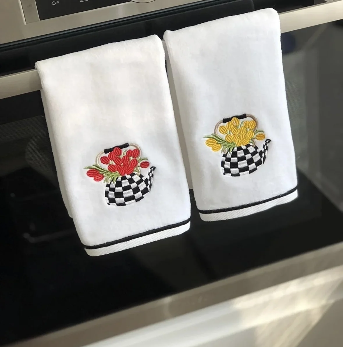 ティーポットデザインコットンキッチンタオルセット、青と赤の食器洗い機、高吸収性、豪華、新品、2個