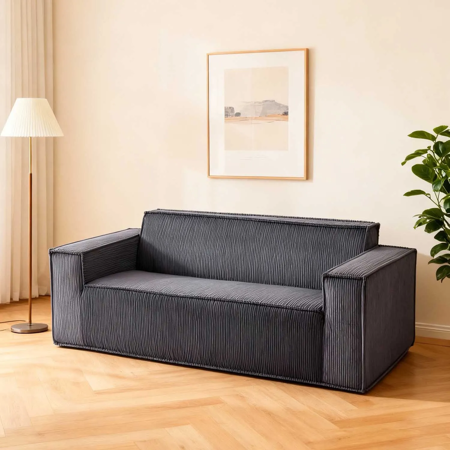 Modernes 2‑Sitzer Cordsofa mit tiefer Sitzfläche, bequeme Couch für Wohnzimmer, Apartment, Büro & Home, keine Montage, kein Aufbau – Grau