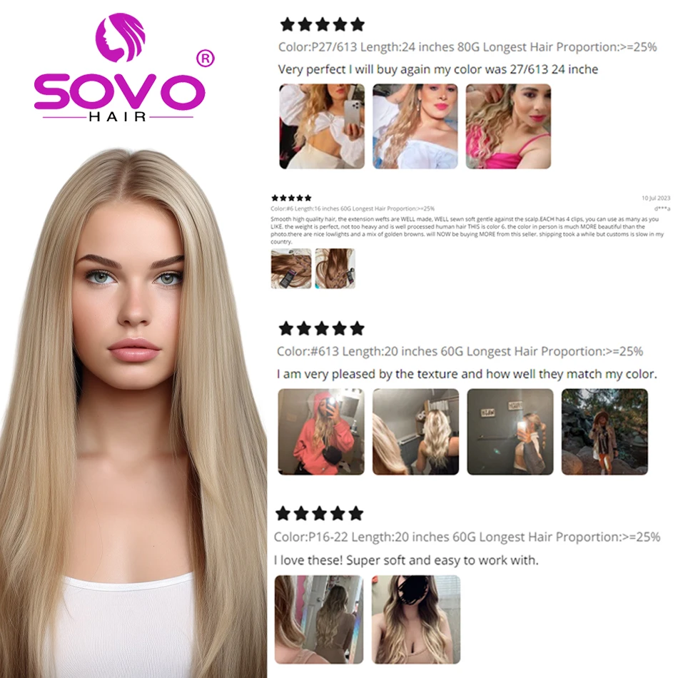 SOVO Clip In Hair Extension s capelli umani 3 pezzi Bone Straight Clip Ins Hair Extension 60-90G Real Natural European Hair 12-26"