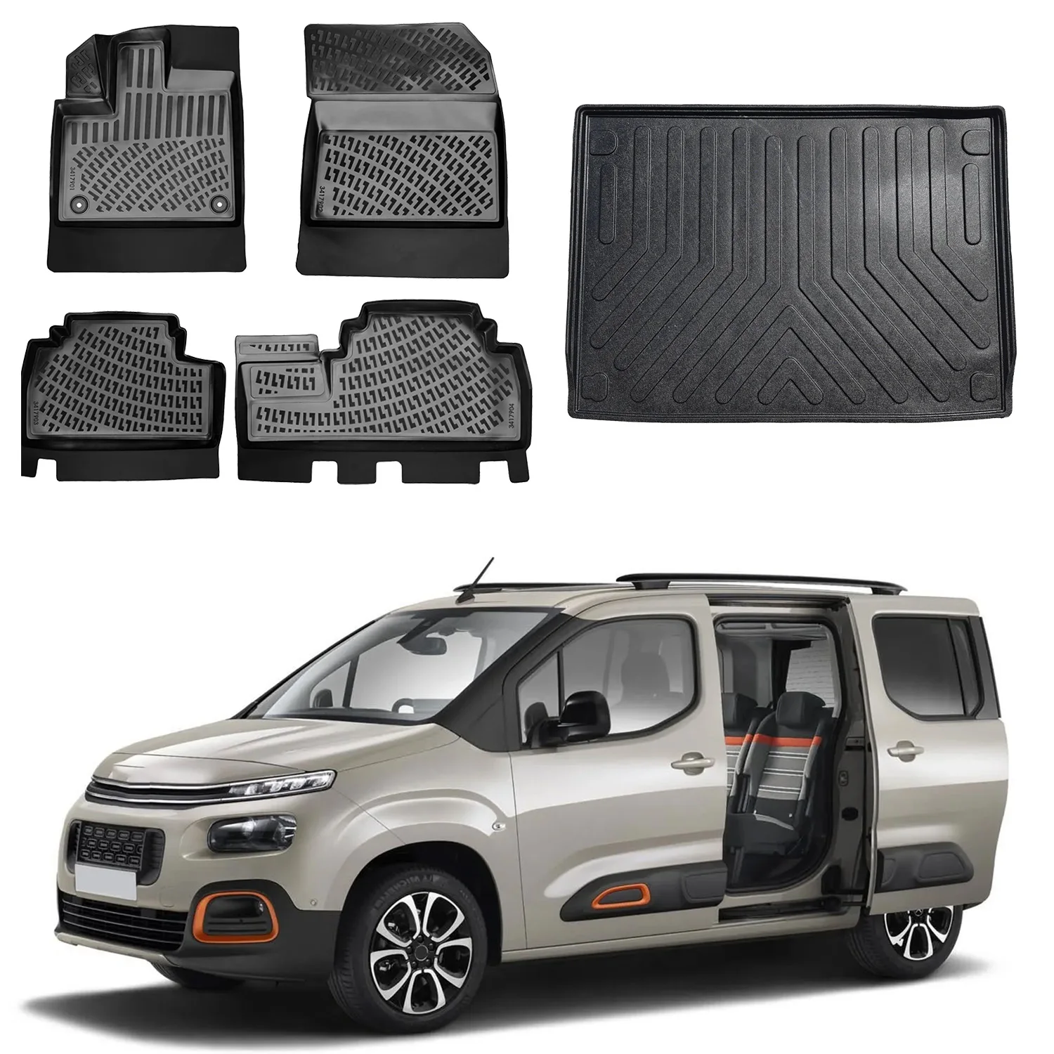 Floor Mats + Cargo Trunk Liner Fits Citroen Berlingo 2019-2024 Set - All Weather Maximum Coverage - Water Resistance