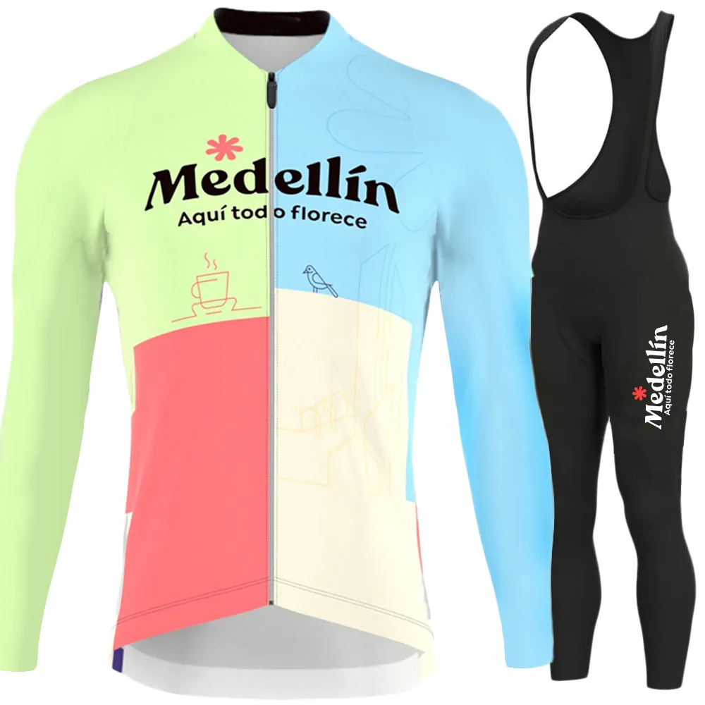 Conjunto de Jersey de ciclismo del equipo Medellín, ropa térmica de lana de Colombia de manga larga, pantalones de carretera, traje de bicicleta de montaña, Maillot de invierno, 2023