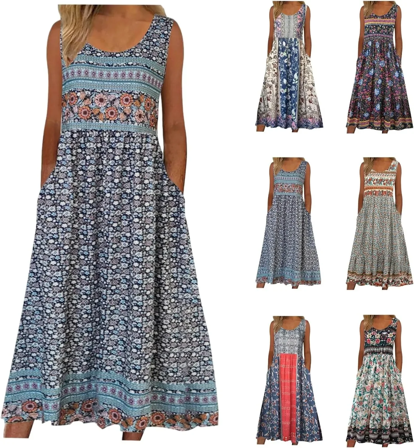 Sommerneu 2025! Ärmelloses, böhmisches, florales, lässiges Strand-MIDI-Sommerkleid für Damen mit fließenden und lockeren Taschen
