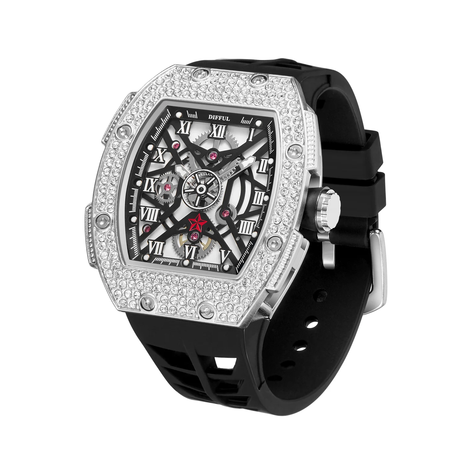 Hoge Kwaliteit Tonneau Vorm Waterdichte Ijskoude Full Diamond Hiphop Skelet Quartz Horloge Met Siliconen Band