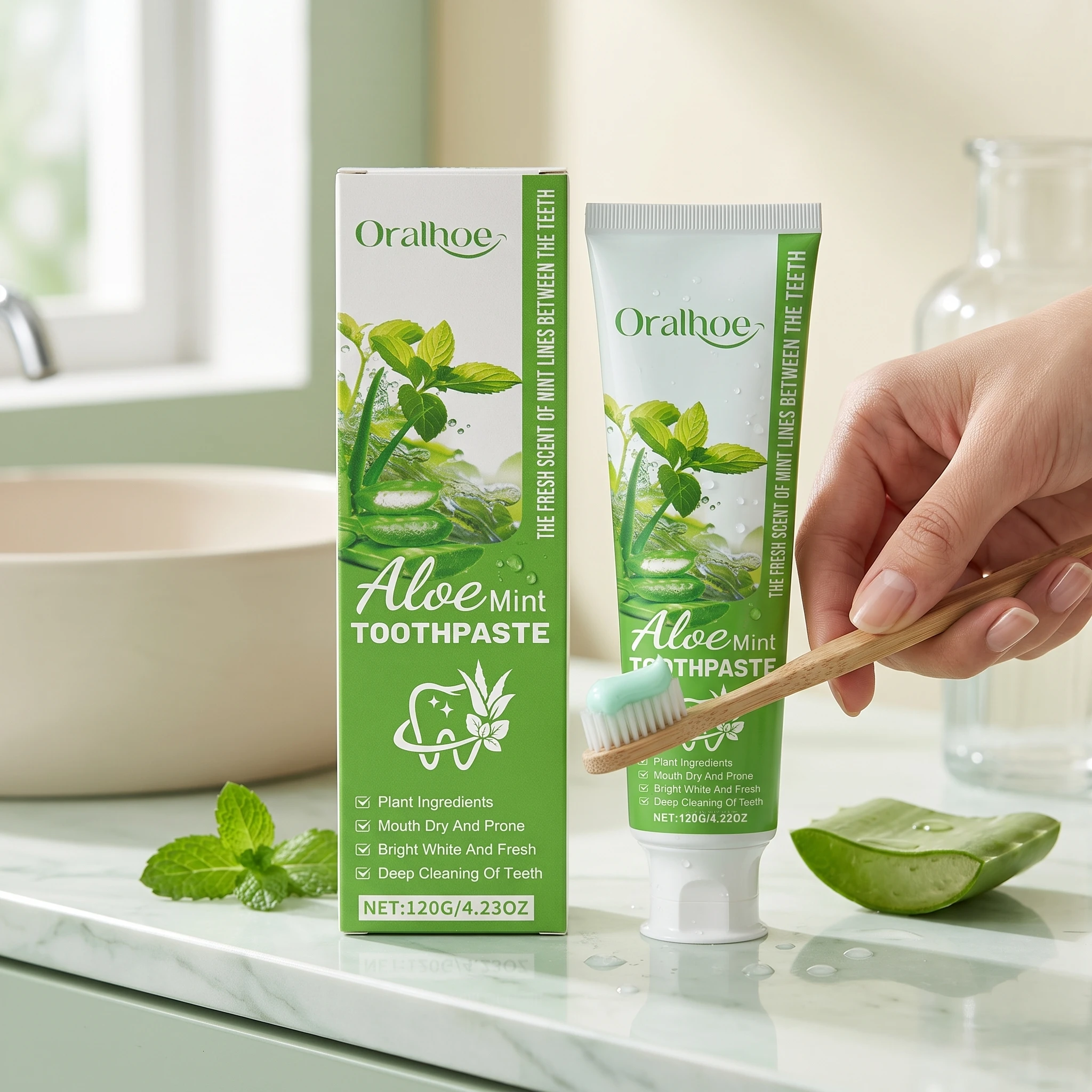 120G Aloe Vera Mint Toothpaste Natural Cleaning Coffee & Tea Stains Prevent Plaque Refreshing Oral Breath Enhance Gloss Soothing Gum Care Toothpaste