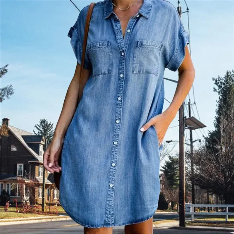 Damska koszula dżinsowa Sukienki z krótkim rękawem Distressed Jean Dress Button Down Casual Fashion Tunic Top — zdjęcie 2