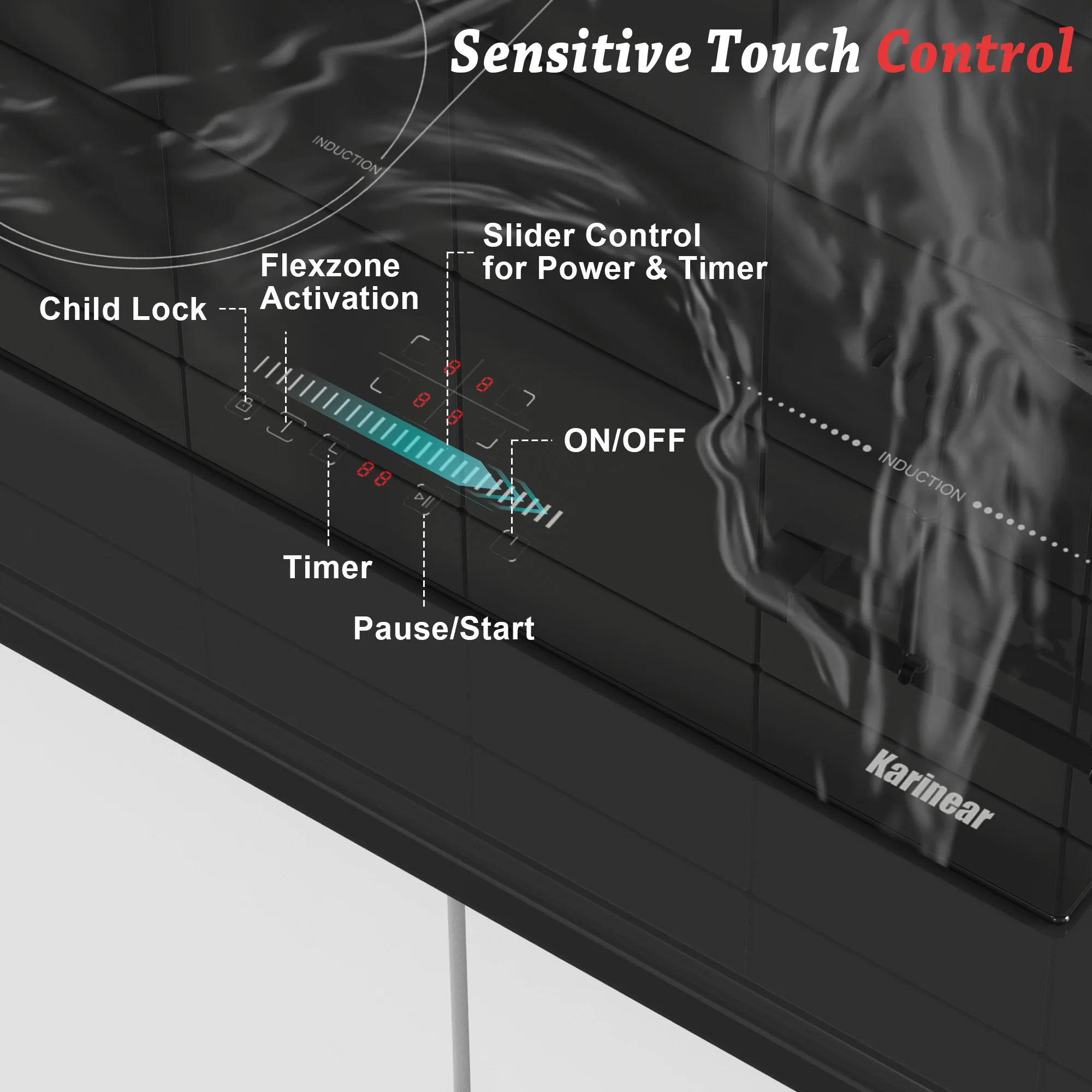 موقد كارينير مدمج بأربعة شعلة مع رخامي ، ومقبس ومنطقة مرنة ، وتحكم باللمس ، ومؤقت ، وقفل حثي آمن ، من من من من نوع Karinear #4