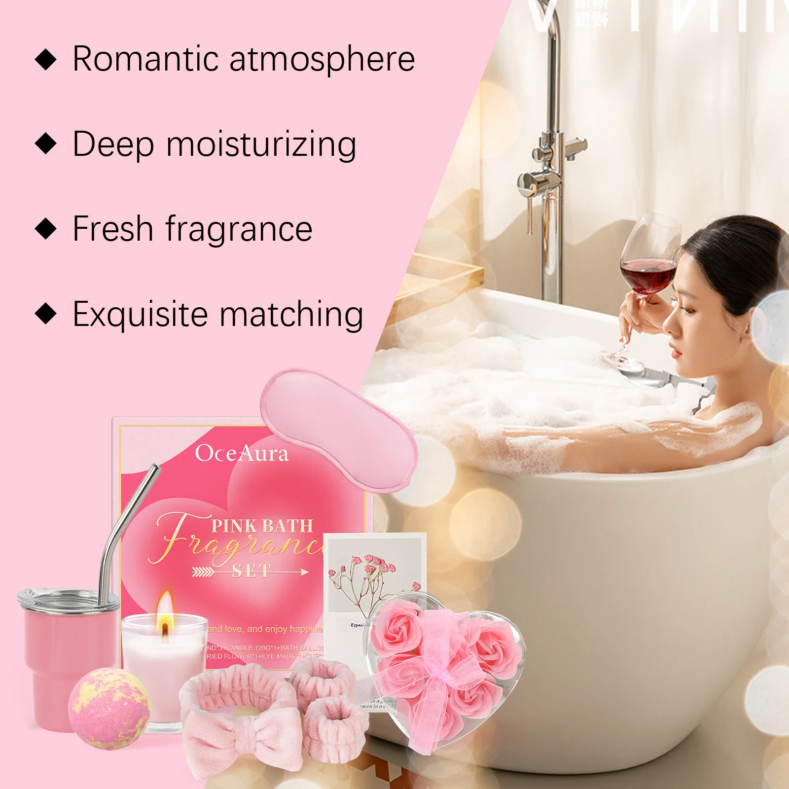 Oceaura 1set Pink Bath Aromatherapy Set Enjoy Relaxing Shower Deep Cleansing Body Spa Bathing Gifts Relieve Mood Bathing Set