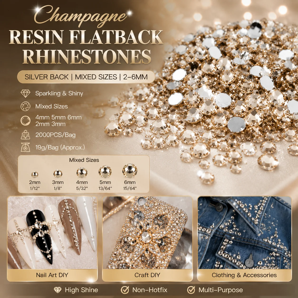 2000Pcs Silver Base Mixed Size Resin Flatback Rhinestones 2-6mm Champagne Black Diamond Montana Sapphire for Nail Shoe Craft DIY