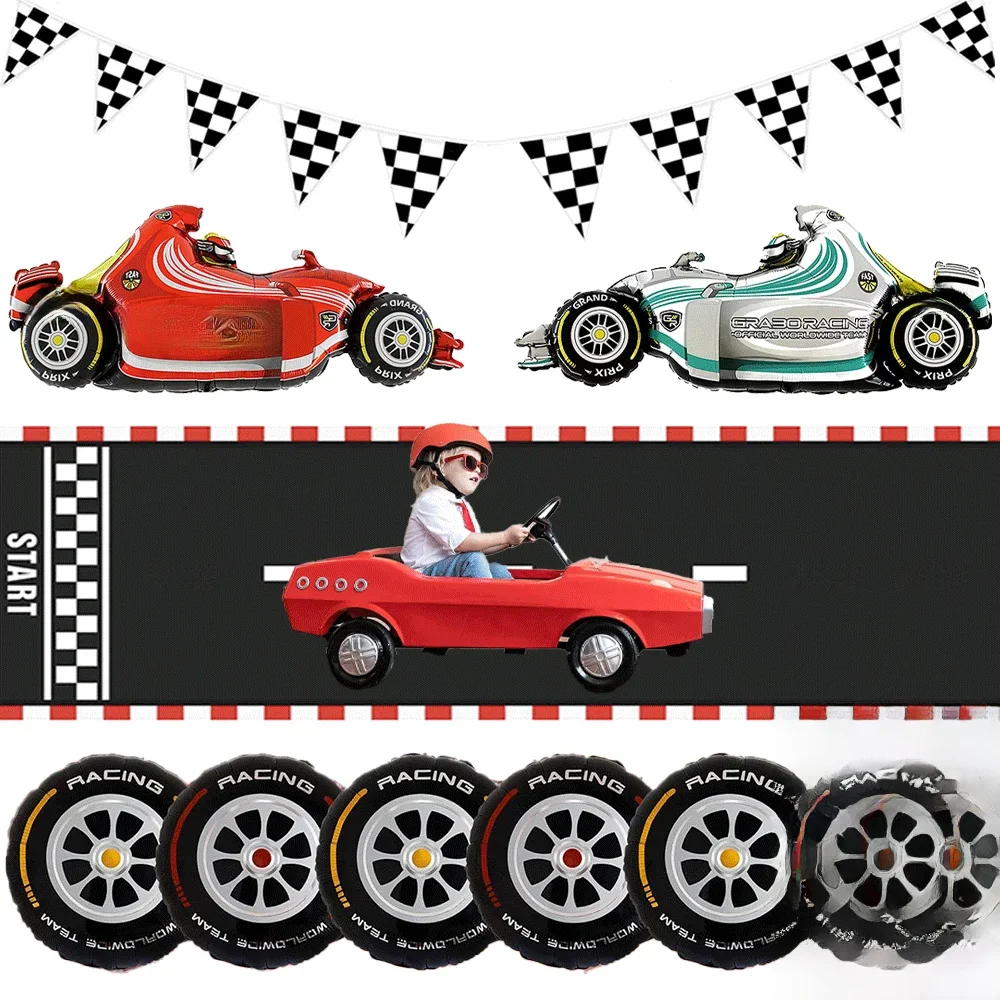 Décoration de fête de voiture de course, bannière de formule 1 à carreaux noir et blanc, ballon en aluminium pour garçons, cadeau de fête d'anniversaire pour enfants