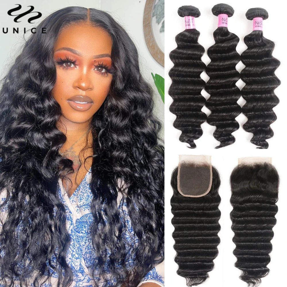 

Unice Hair Loose Deep Wave Bundles With Closure 100% Human Hair Bundles 2/3/4 PCS With 4x4 Lace Closure Make 250% Density Wig