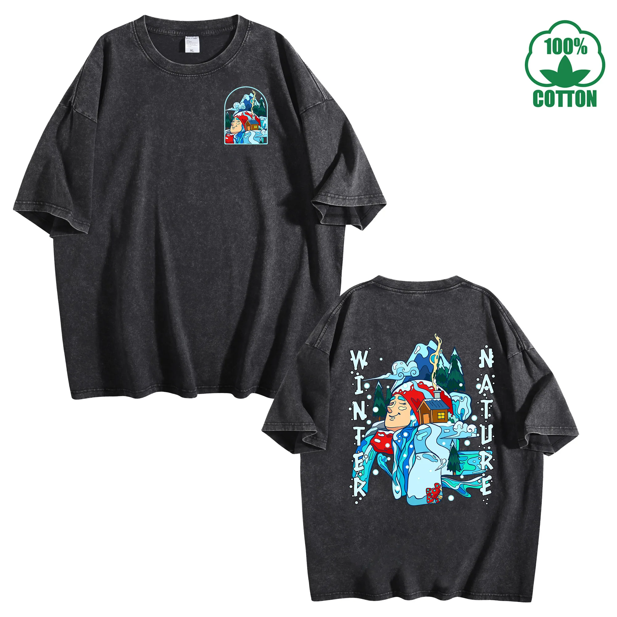 

Винтажная потертая футболка Winter Nature с двусторонним принтом, 230 г, 100% хлопок, удобная уличная одежда большого размера, унисекс