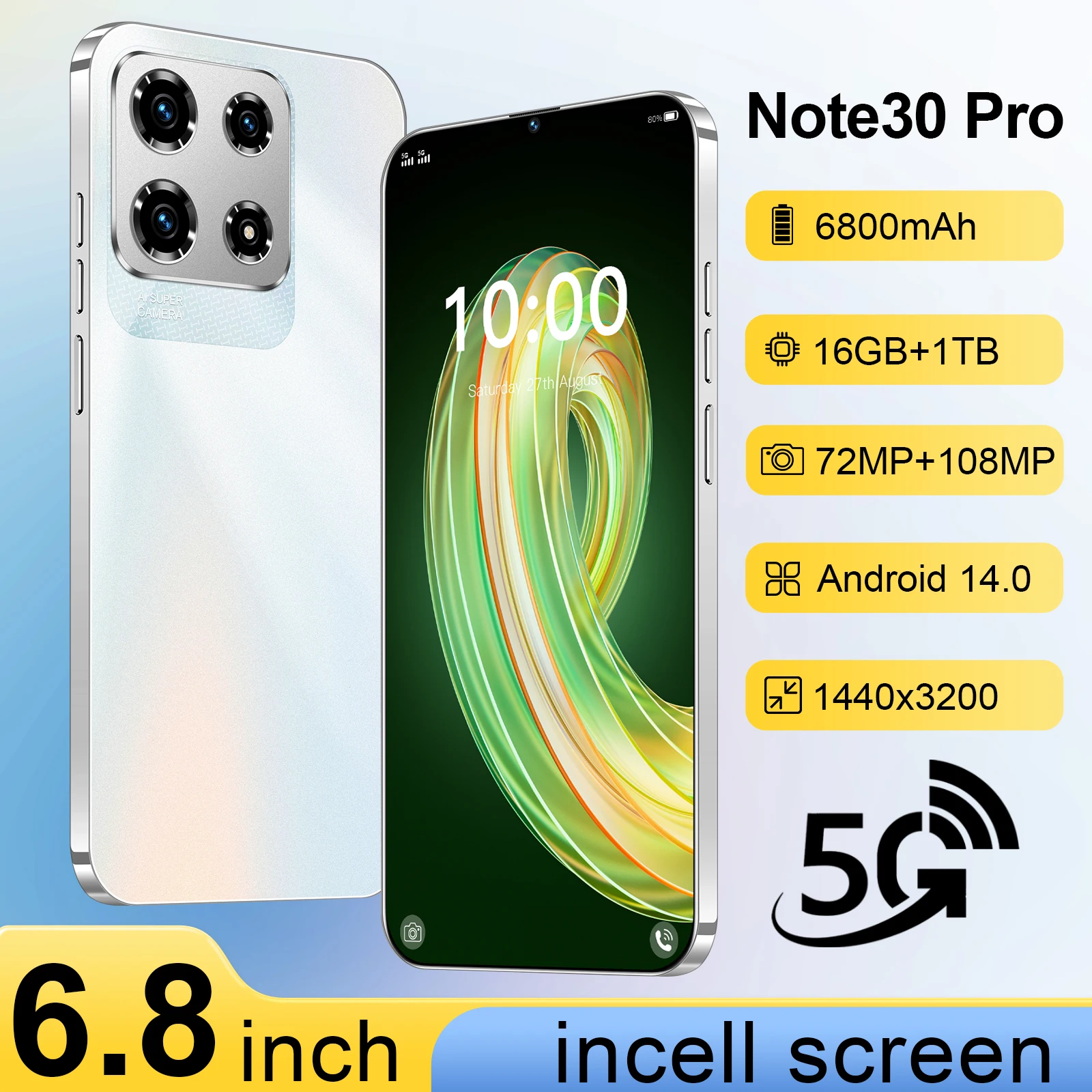 

2024 Note30 Pro Smartphone 6.8 inch Full Screen 4G/5G Cell Phone 16TB+1TB 6800mAh Mobile Phones 108MP Global Version Celulares