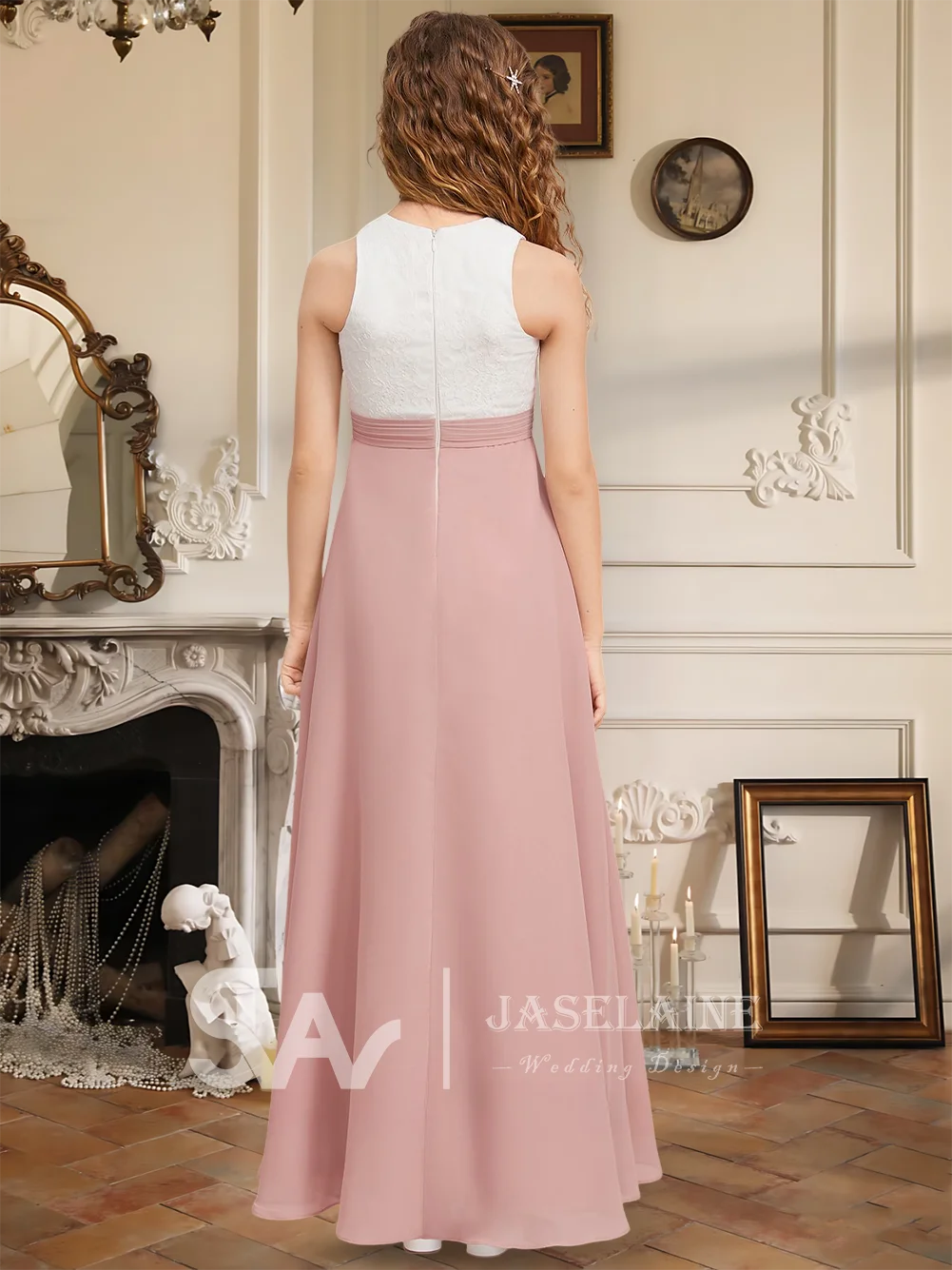 A Elegant A-Line Scoop Floor-Length Chiffon Lace Junior Bridesmaid Dress Flower Girl Dress With Lace Girls Party Formal Wedding