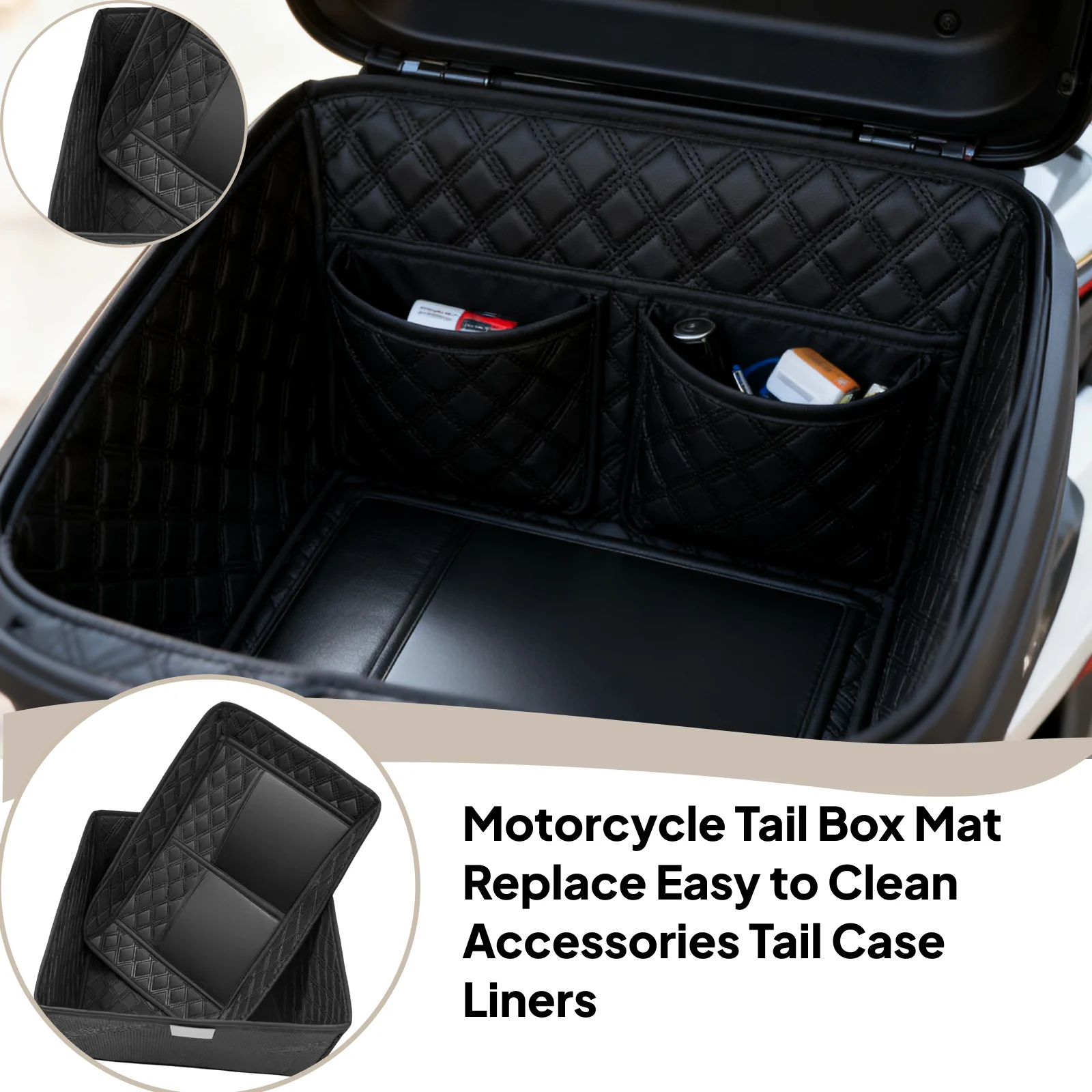 Motorcycle Tail Box  PU leather with Two Pockets Full upperlower paddingMat Replace Easy to Clean Accessories Tail Case Liners