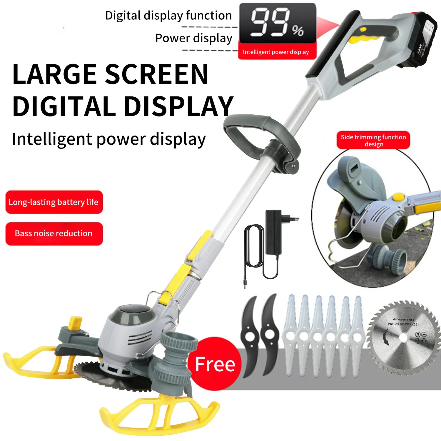 Tondeuse à gazon sans fil avec batteries rechargeables, coupe-herbe électrique, hauteur et angle réglables, 18000 tr/min