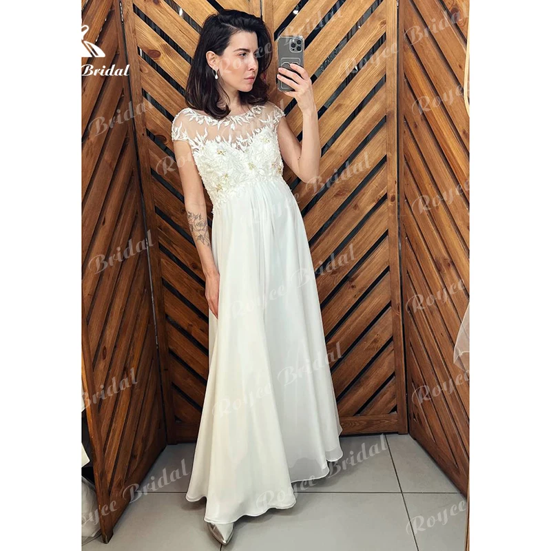 Boho O-Neck Sexy Backless Zipper Lace Appliques Beading A-Line Wedding Dress Chiffon Bridal Gown Short Cap Sleeve Floor vestido