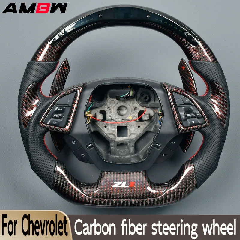 For Chevrolet Steering Wheel Corvette Camaro SS ZL1 RPM Carbon Fiber Steering Wheel LED Display Black Perforated Leather