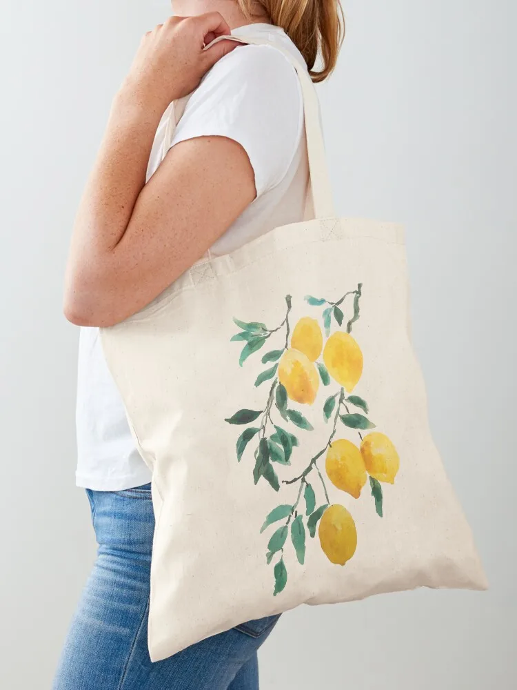 Yellow Lemon Watercolor Tote Bag Reuseable Canvas Fashion Shopping Grocery School Femal Gril Women Personal