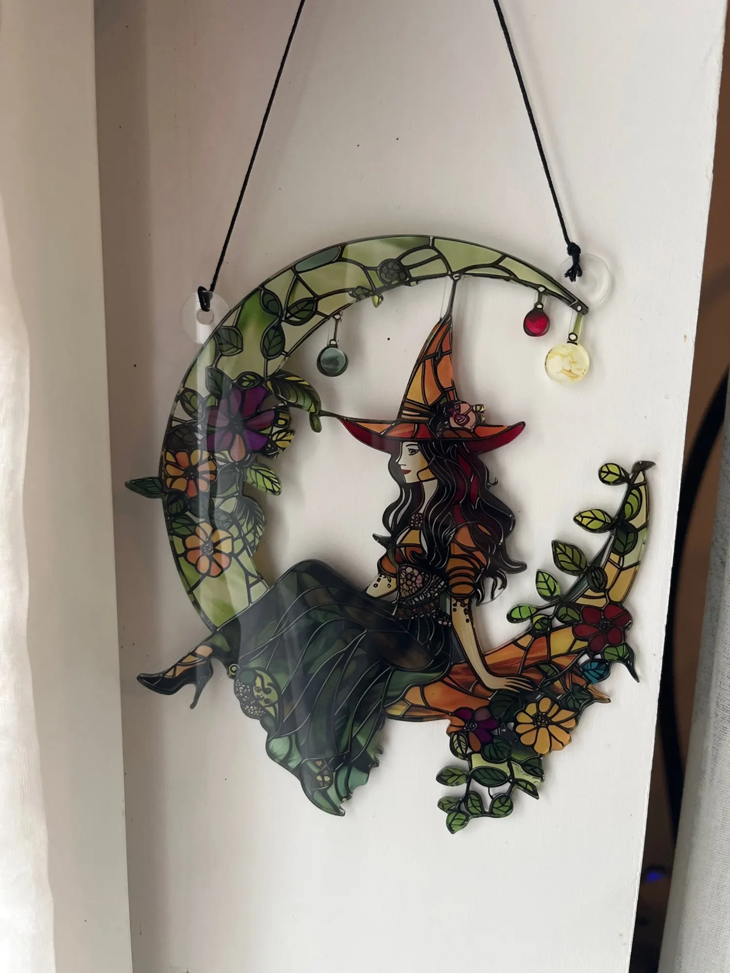 Acrylic Halloween Witch on Moon Suncatcher, Colorful Floral, Art Leaf, Crescent Moon Hanging Window Ornaments for Home & Garden photo review