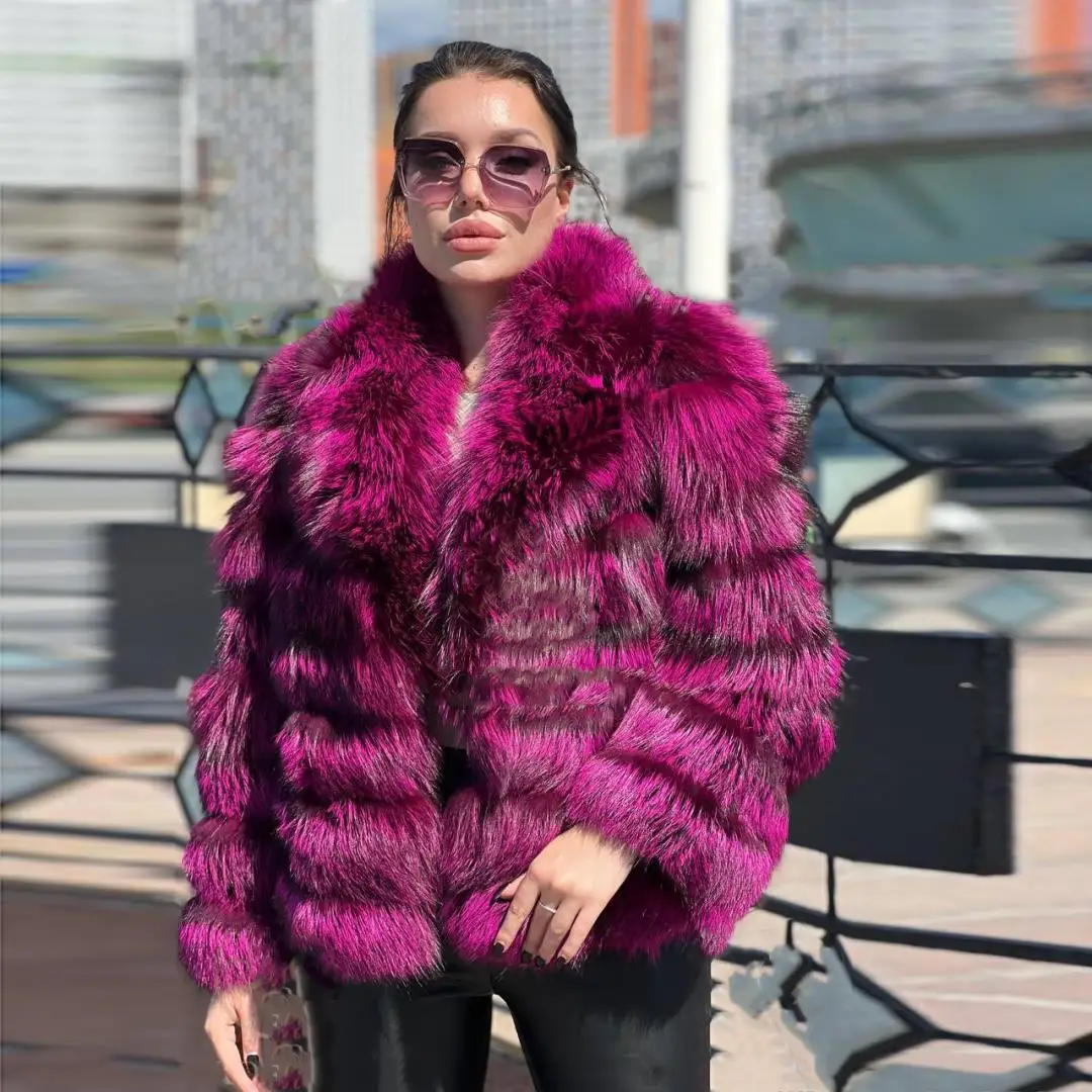 Thick Natural Silver Fox Fur Jacket Lapel Collar Winter Fashion Woman Whole Skin Genuine Fox Fur Coat Female Outwear Trendy