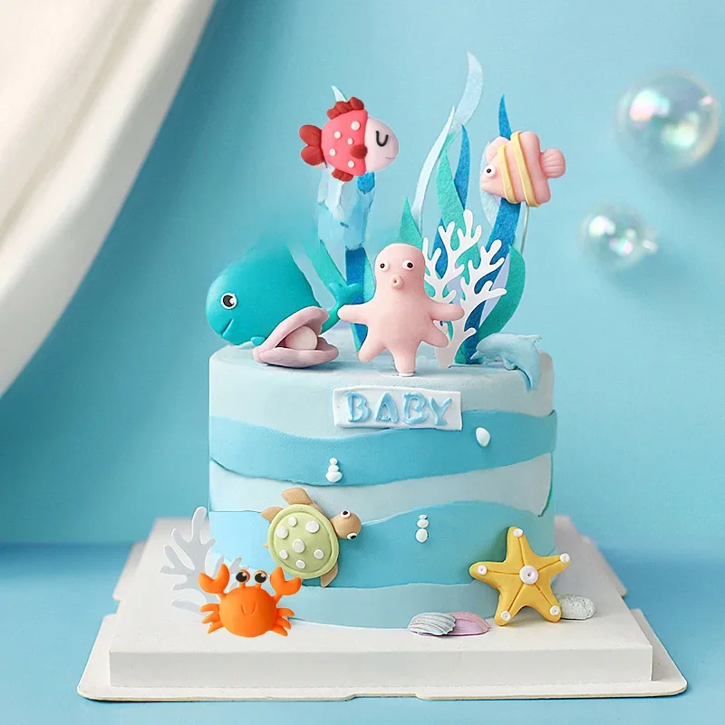Décoration de gâteau de poisson, tortues poulpe, sirène, décor de gâteau d'anniversaire, décor de fête de 1er premier anniversaire, cadeaux de gâteau de réception-cadeau pour bébé pour enfants