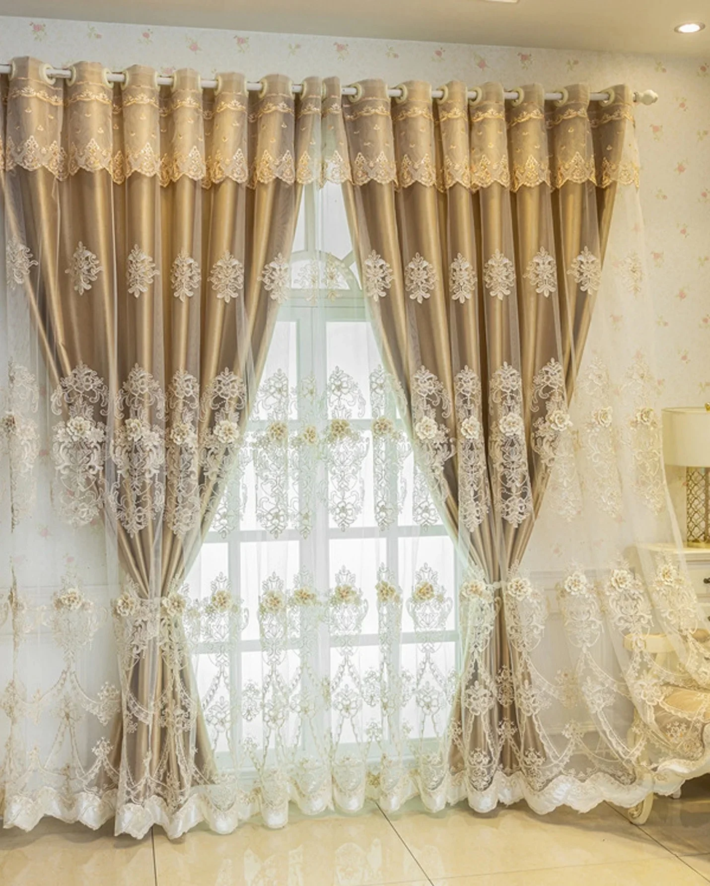 Rideaux épais Double couche brodés en relief de style européen, tissu occultant en gaze, finition tout-en-un pour salon et chambre à coucher