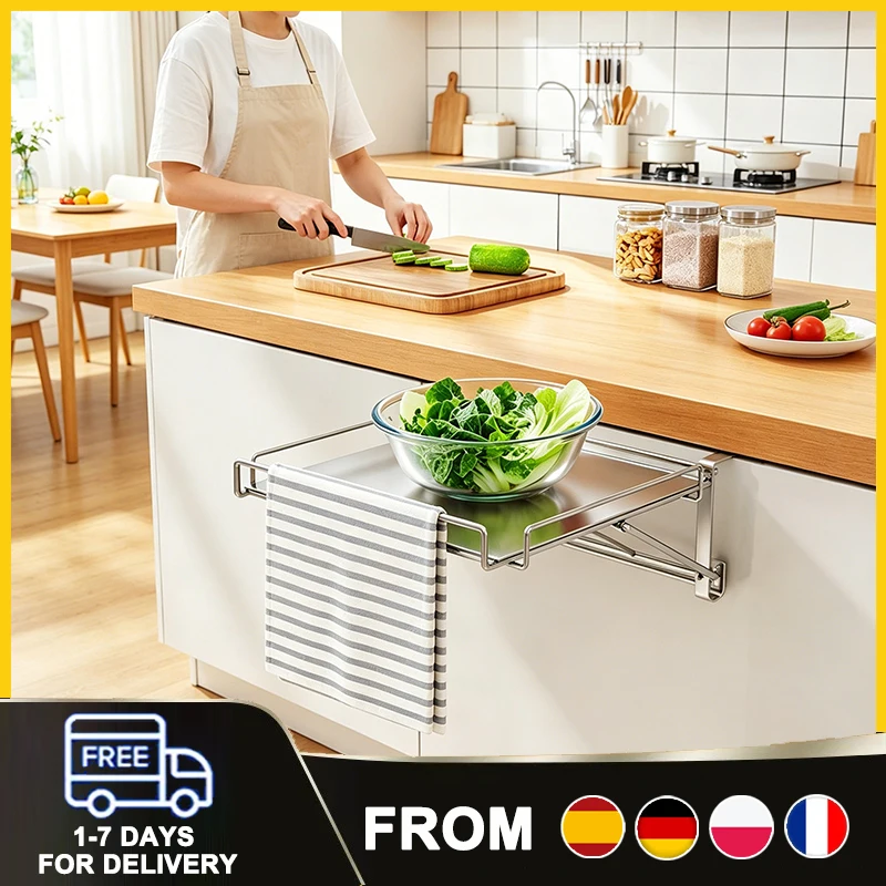 Klappbares Küchenregal aus Edelstahl, platzsparend und rostfrei, mit 5 cm breiter, verstellbarer Basis, wandmontiertes Regal für Küchenzutaten, Küchenutensilien, Badezimmer oder Balkon