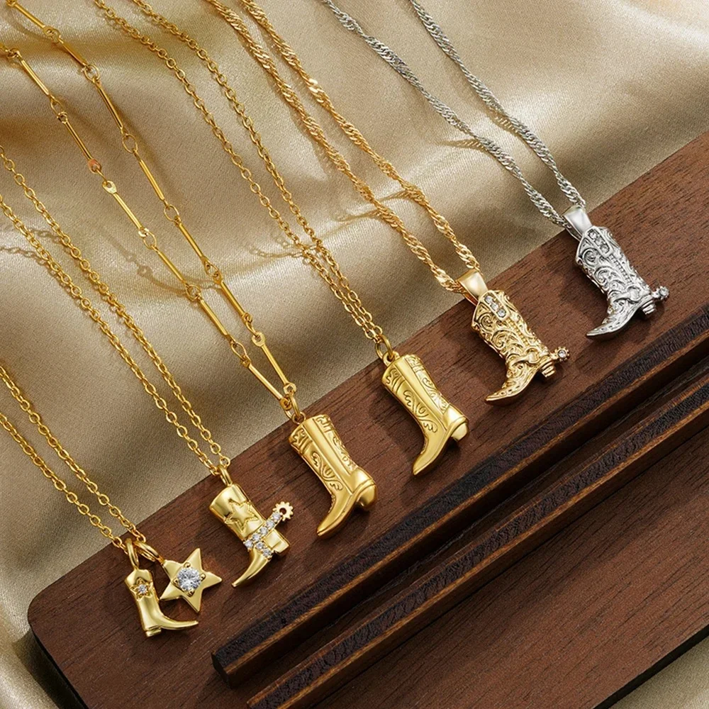 Collier pendentif en acier inoxydable 316 étanche, motif bottes en jean, chapeau et bottes de cow-boy, plaqué or 18 carats, style cool cowgirl, cadeaux