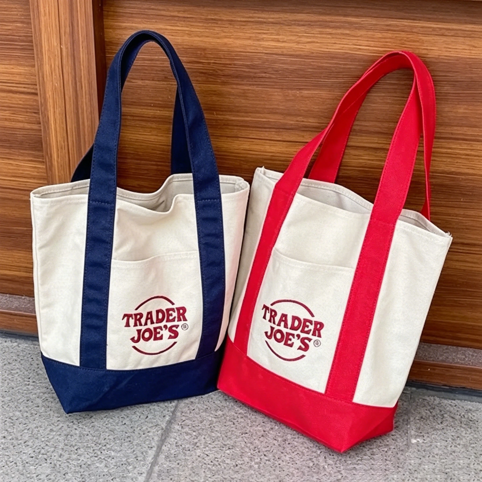 Trader Joe's Mini Canvas Tote Bag Color Block Handbag Portable Lunch Bag Casual Shopping Bag Women Cute Small Handheld Purse Reusable Grocery Storage Bags view 3