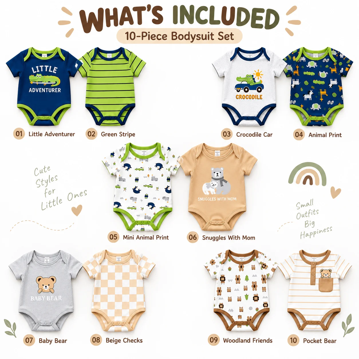 10Pcs Baby Bodysuit Set 0-12M Short Sleeve Infant Rompers Cute Animal Print Newborn Baby Clothes Everyday Outfits