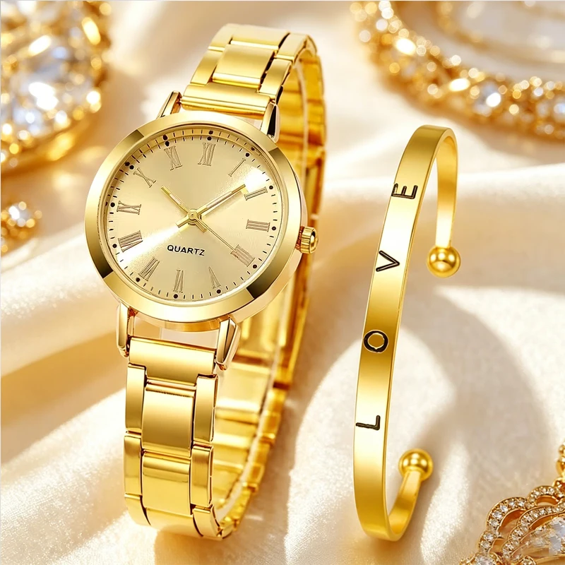 Women's Fashion Watch Set, High-End Trendy, Exquisite Simple Pattern Quartz Watch and Bracelet Combo, Best Gift Choice for Best Friend's Birthday, Girlfriend's Travel Vacation, Graduation Season, Halloween, Valentine's Day, Christmas (2-Piece Set)