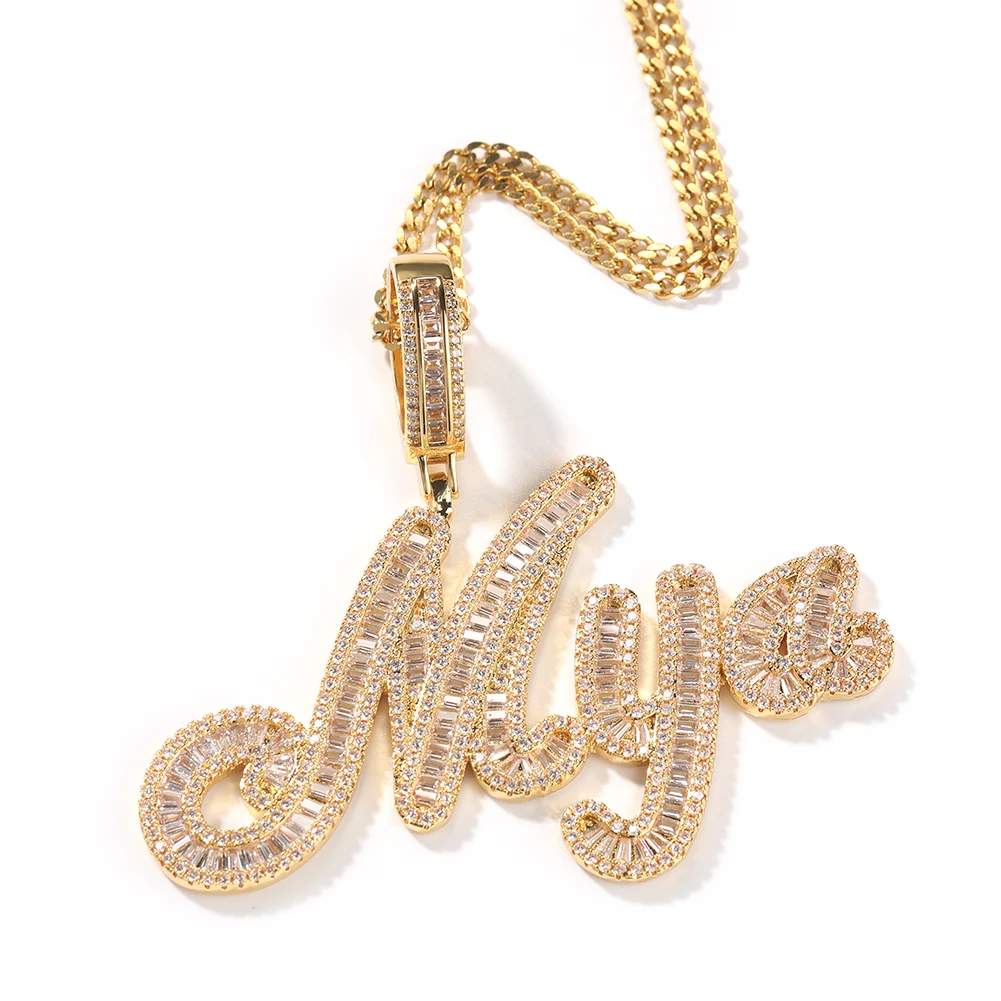 De Bling King Custom Borstel Cursief Brief Naam Hanger Ketting Iced Out Bageutte Zirconia Ketting Hiphop Sieraden