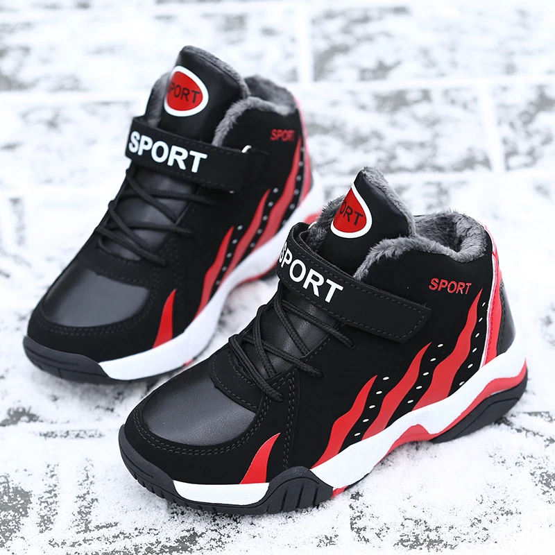 Warm Winter Kids Shoes Sport Boys Casual Shoes High Top Tennis Children\'s Sneakers Plush Leather Running Sneakers for Girls New