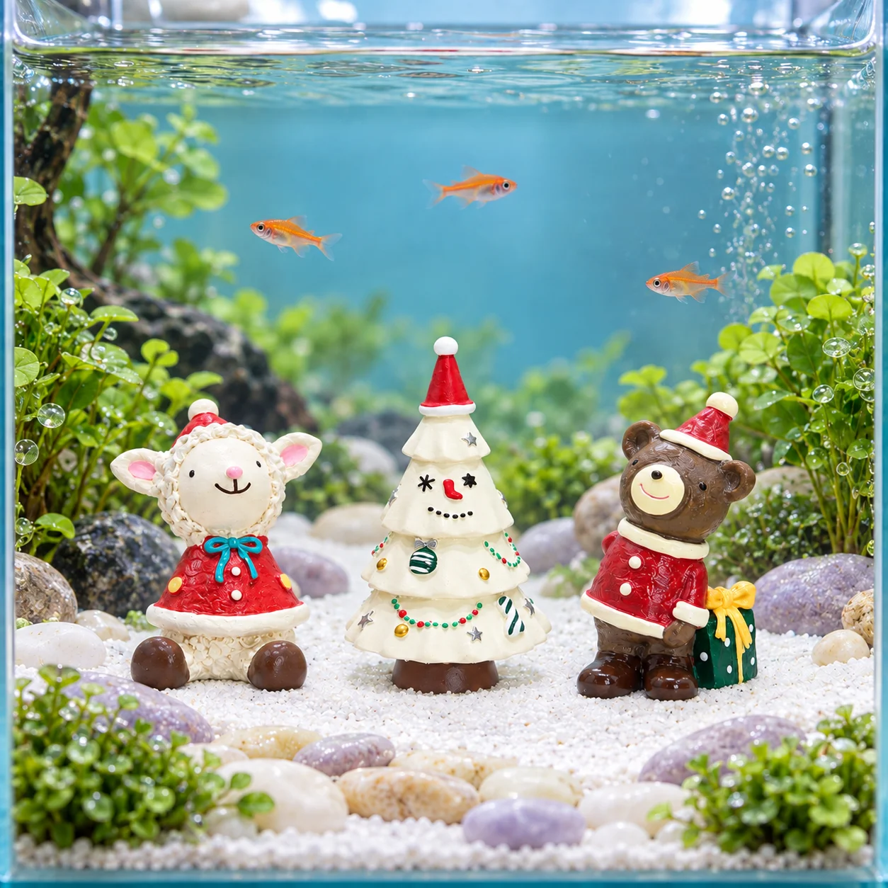 Christmas decoration set featuring resin ornaments for an aquarium—includes cute lamb and bear figures and a white Christmas tre