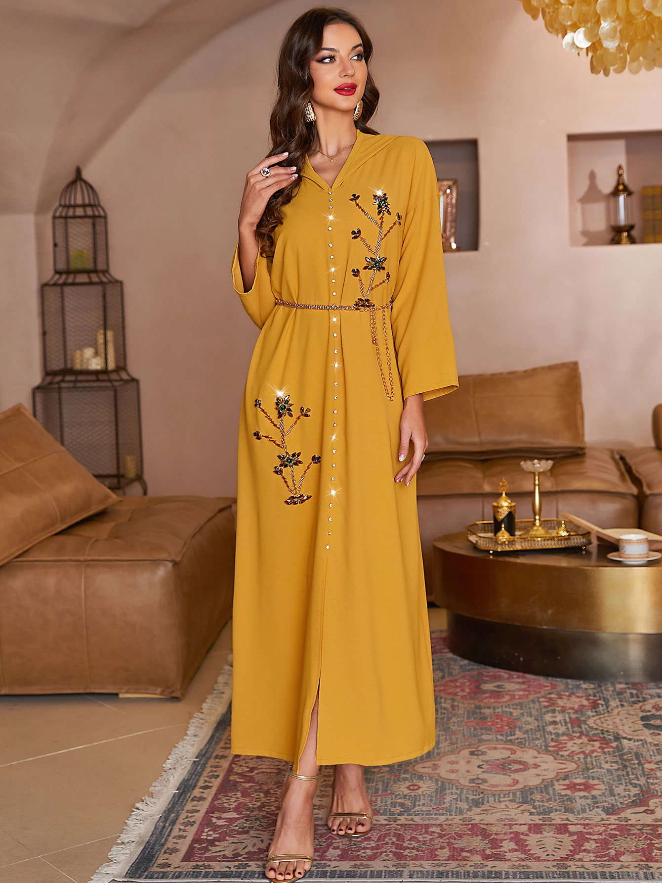 A816 new yellow hand sewn diamond design pattern temperament thin casual dress