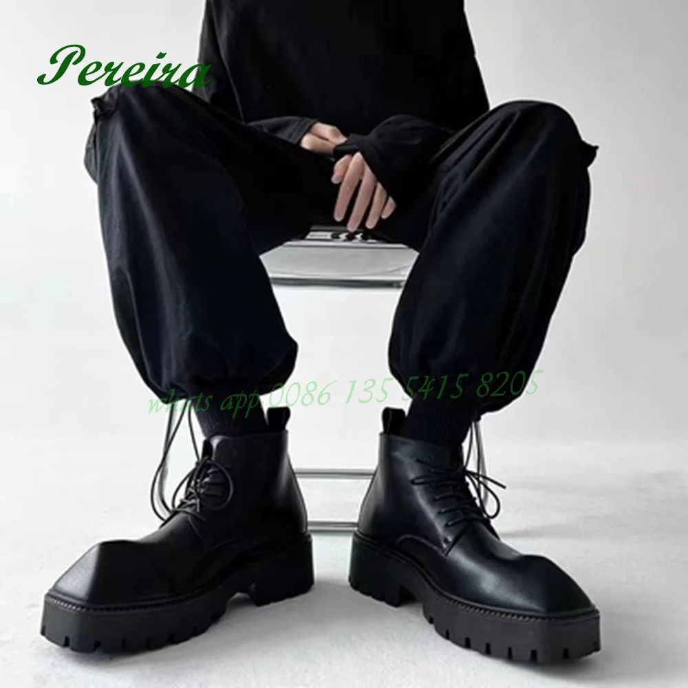 

Square-headed Leather Shoes Men's British Style Thick-soled Leather Boots Formal Rhino Horn Black 2023 New Design Lace Up Ankle