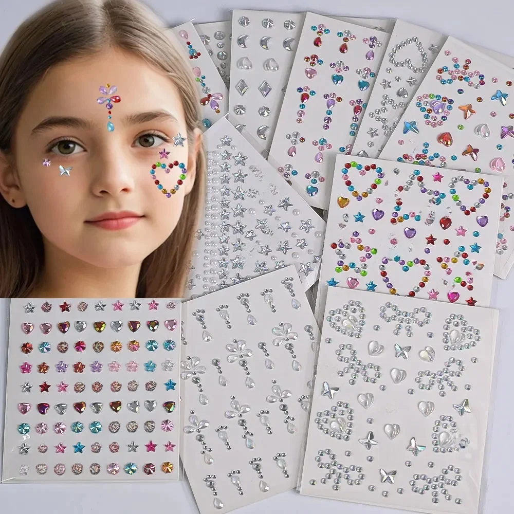 1 feuille de strass autocollants pour le visage, motifs Cœur/Nœud/Étoile, pour filles princesse, tatouages éphémères, maquillage scintillant, décoration de costume