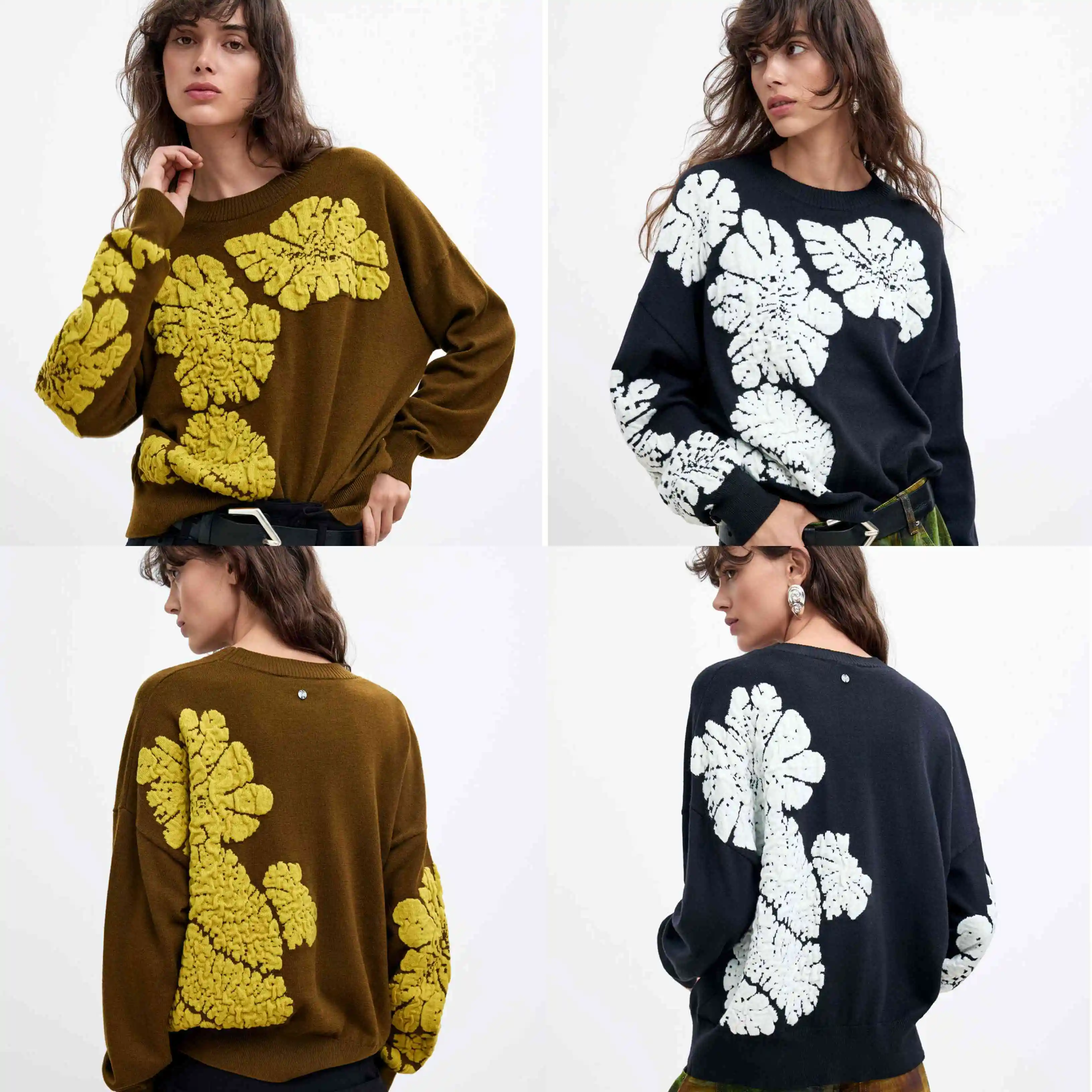 26 Autumn/Winter Spain Original Single New Product Loose Color Contrasting Flower Jacquard Long Sleeve Women's Knitted Shirt