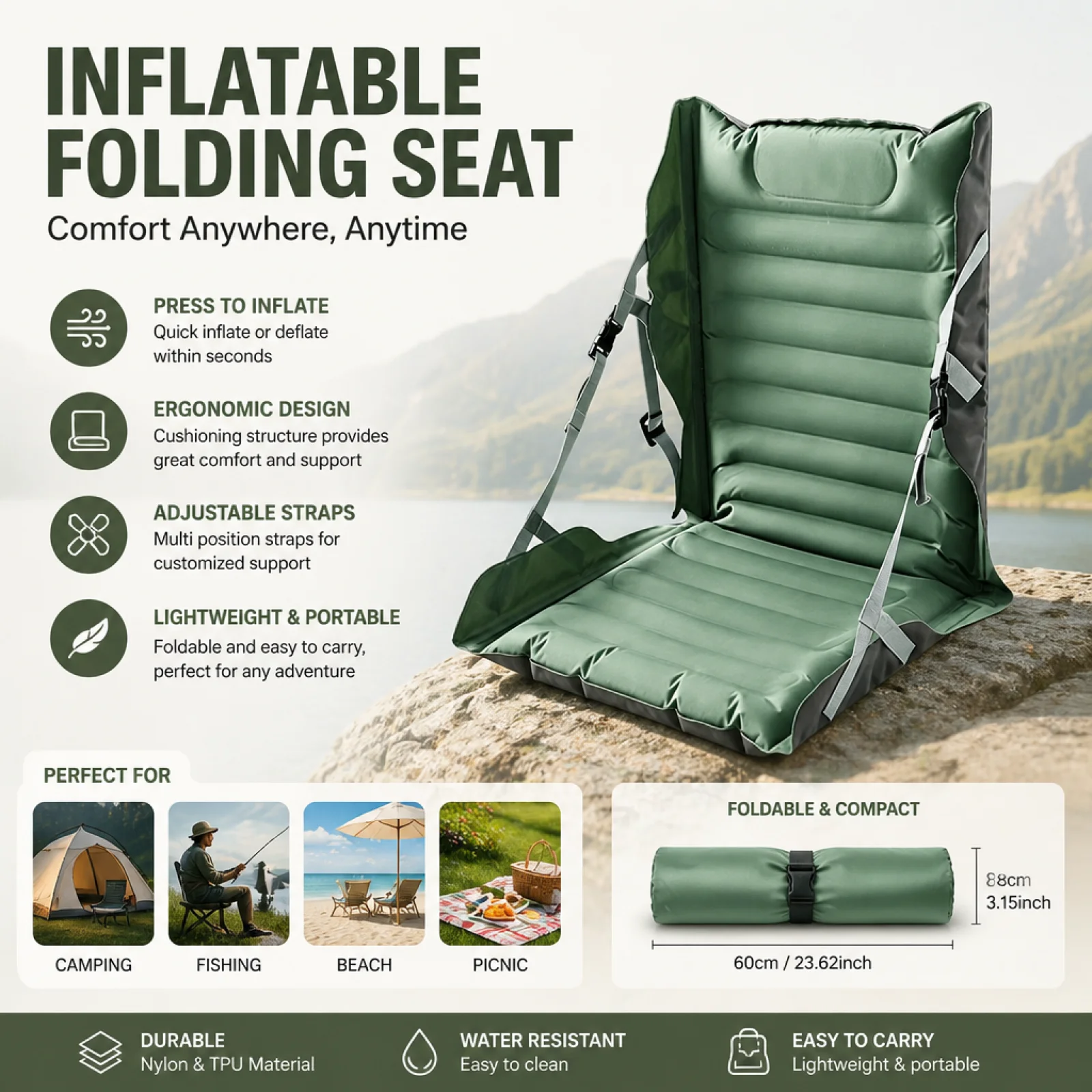 Inflatable Folding Seat Cushion with Back Support Lightweight Portable Air Sitting Pad for Stadium Camping Travel Airplane Green