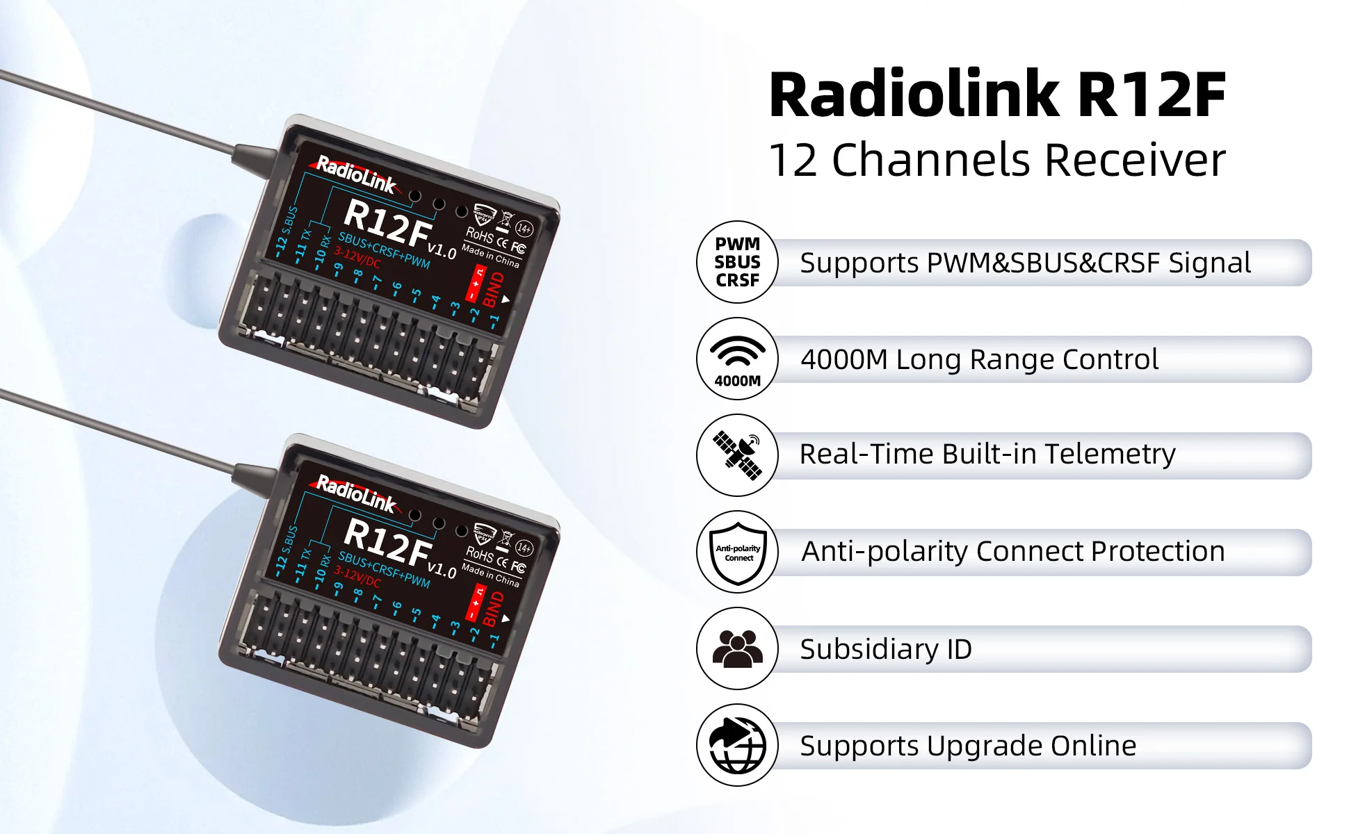 Radiolink R12F 12-Kanal-RC-Empfänger, integriertes Simulatorprogramm für RC-Flugzeuge, Jet, Auto, Boot für 2,4 GHz Funkfernbedienung – Detail 1